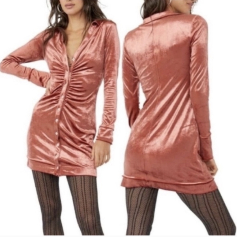 Free People Shayla Mini Terra Cotta Velvet Ruched Dress Medium